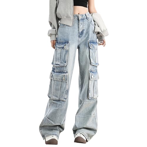 SANGTREE Women's Jeans High Waisted Y2K Casual Loose Wide Leg Cargo Denim Pants with Pockets