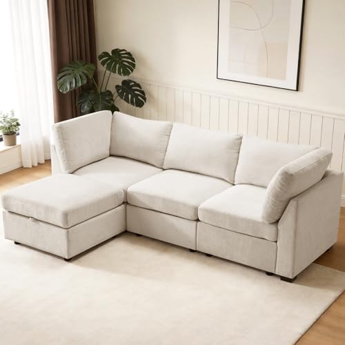 Image of TEKAMON 94 inch L Shaped Modern Sofa Modular Sectional Couch with Ottoman, 4-Seat Chenille Deep Seat Sofa for Living Room, Bedroom and Apartment, Beige