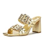 IDIFU Gold Heels Square Open Toe Double Buckle Slip On Chunky Low Block Short Heel Sandals for Women Summer Trendy Comfortable Fashion Evening Dress Shoes Thick Slide Mule Heels(Gold Pu, 9.5)
