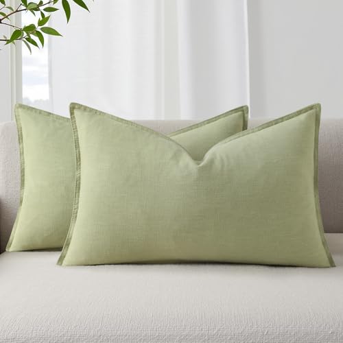 Image of decorUhome Decorative Linen Throw Pillow Covers 12x20 Inch Set of 2 Sage Green Lumbar Pillow Covers with Flange Edges Soft Farmhouse Boho Accent Pillow Cases for Couch Bed Living Room