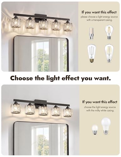 Image of VOLISUN Crystal Vanity Lights for Bathroom, 5 Light Bathroom Vanity Light, Modern Matte Black Bathrooms Light Over Mirror, Black Bathrooms Lights Fixtures-UL Certificated(Exclude Bulb)