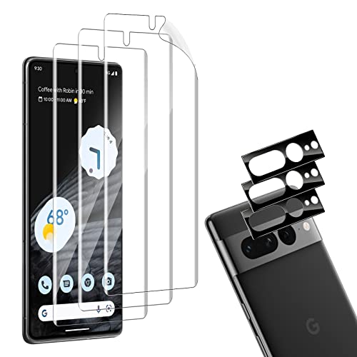 HidWee Compatible avec Google Pixel 7 Pro 3 Pièces Protection écran + 3 Pièces Caméra Arrière Protecteur, Ultra Claire Protecteur Caméra Anti-Rayures/sans Bulles Souple TPU Film Protecteur D'écran