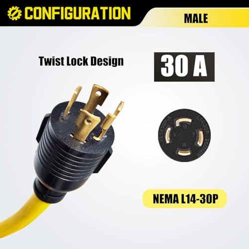 Image of 4 Prong Twist Lock 30 Amp to 50 Amp RV Adapter Cord 240V, NEMA L14-30P Locking Male to 14-50R Female for Tesla EV