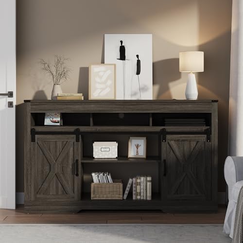 Image of RoyalCraft Farmhouse TV Stand for 23 inch Fireplace, 34'' Tall Entertainment Center for 65+ Inch TV, Rustic TV Console with Sliding Bar Door for Living Room, Dark Grey