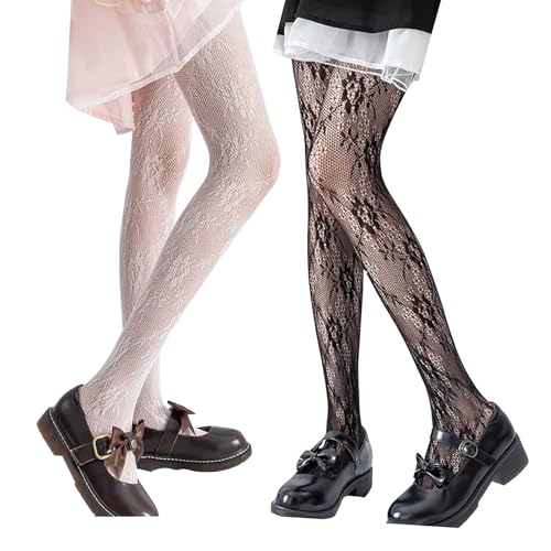 Strumpfhosen Damen Muster, Hohe Taille Sexy Netzstrumpfhose mit Reizvollen und Charmanten Aushöhlen Muster, Schiere Mesh Loch Strumpfhose, 2 Paar-Schwarz + Weißrose