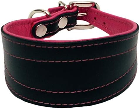 Zooleszcz Black/Pink Handmade Greyhound Saluki Lurcher Whippet Leather Dog Puppy Collar (Black with Pink lining, 14