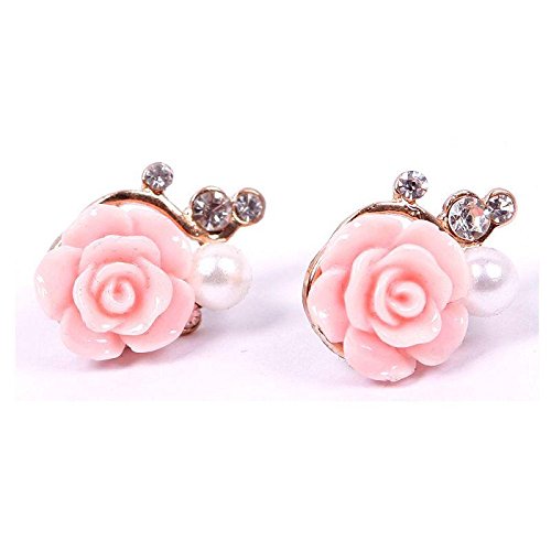 Woman Korean Style Rose Flower Gorgeous Crystal Rhinestone Pearl Stud Earrings Pink