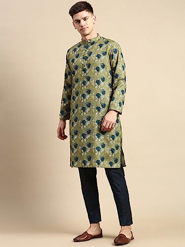 Image of Men's Black Art Silk Regular Fit Ethnic Motifs Kurta | Indian Kurta | Festive Ethnic Kurta with Embroidered Packet