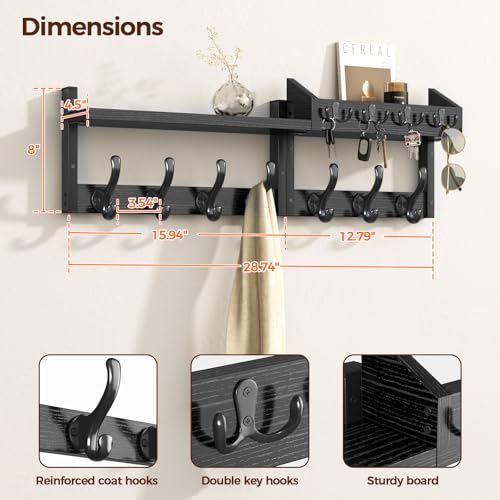 Image of Evermagin 29 inch Coat Rack Wall Mount with Shelf, 4 in 1 Coat and Key Hanger with 11 Metal Hooks, Entryway Wall Mounted Shelf with Mail Holder for Living Room, Bedroom, Black