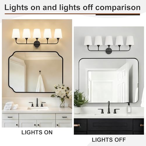 Image of Bathroom Vanity Light, Matte Black Bathroom Lighting Fixtures Over Mirror | 5-Light Bathroom Light Fixtures with Flared White Fabric Shade, E26 Socket (ETL Listed)