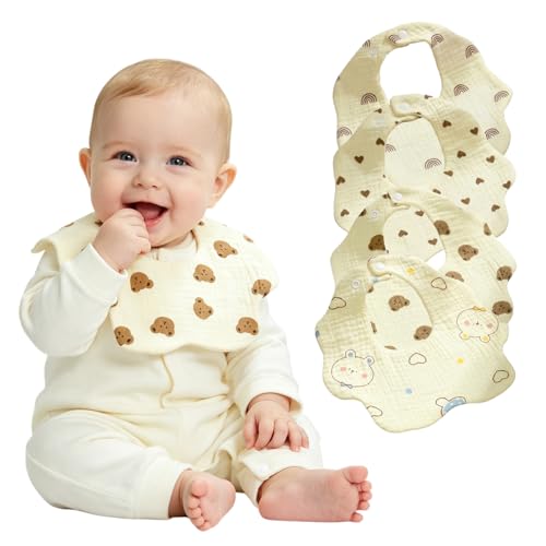 Image of SNOWIE SOFT 4Pcs Cotton Bibs for Baby 6 to 12 Months with Adjustable Snap Buttons, Soft Absorbent Feeding Cloth to Cover Baby Products Waterproof Bibs for Teething & Daily Use