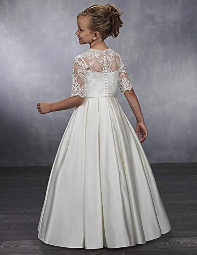 White Communion Dress for Girls 7-16 Half Sleeves Sheer Neck Lace Flower Girl Dress Satin2