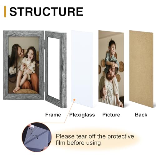 decorUhome Double 4x6 Picture Frame Vertical, Engineered Wood Bifold Photo Frame with Plexiglass for Tabletop Display, 4x6, Grey