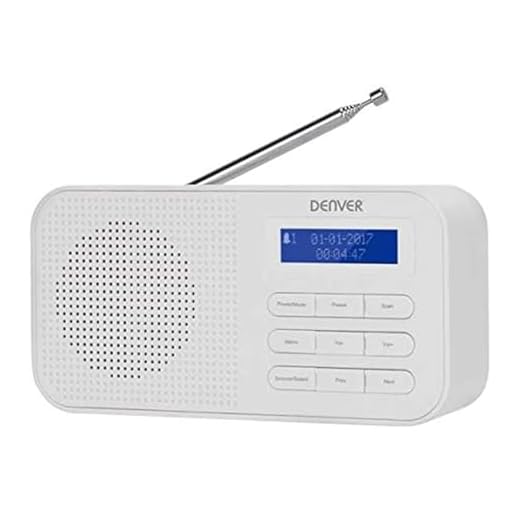 Denver DAB-42WHITE digitale radio DAB+ en FM-radio, klok, alarm en wekker, werkt op batterijen en werkt op stroom, volume 1 W, houten afwerking.