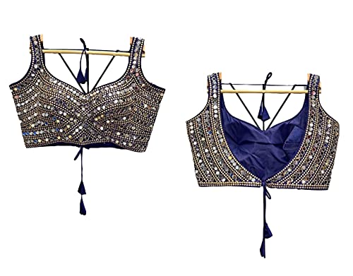 Anantdiva Women's Silk Blouse for Sarees - Readymade Blouse for Sari Crop Top Choli (Navy Blue)