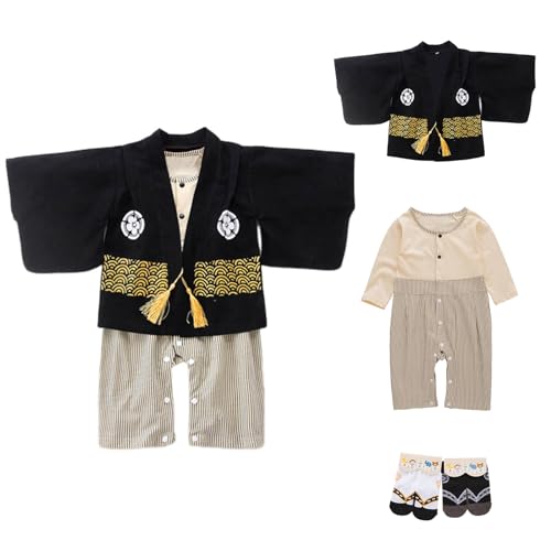 YOOCHUENG Bodys para Bebés Mono Kimono Manga Larga Kimono Japonés para Bebé Monos de Algodón para Niños Pequeños Giacca Kimono para Bebés Niños con 2 Pares de Calcetines,Nero,95(Talla de 24-36M)