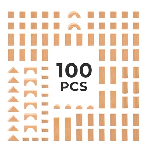 MEEYOO 100pcs Natural Beech Wooden Building Blocks for Toddlers 1-3, Wooden Blocks for Baby Shower with Storage Bucket, Montessori Toys for Preschool Girls and Boys - Thumbnail 6