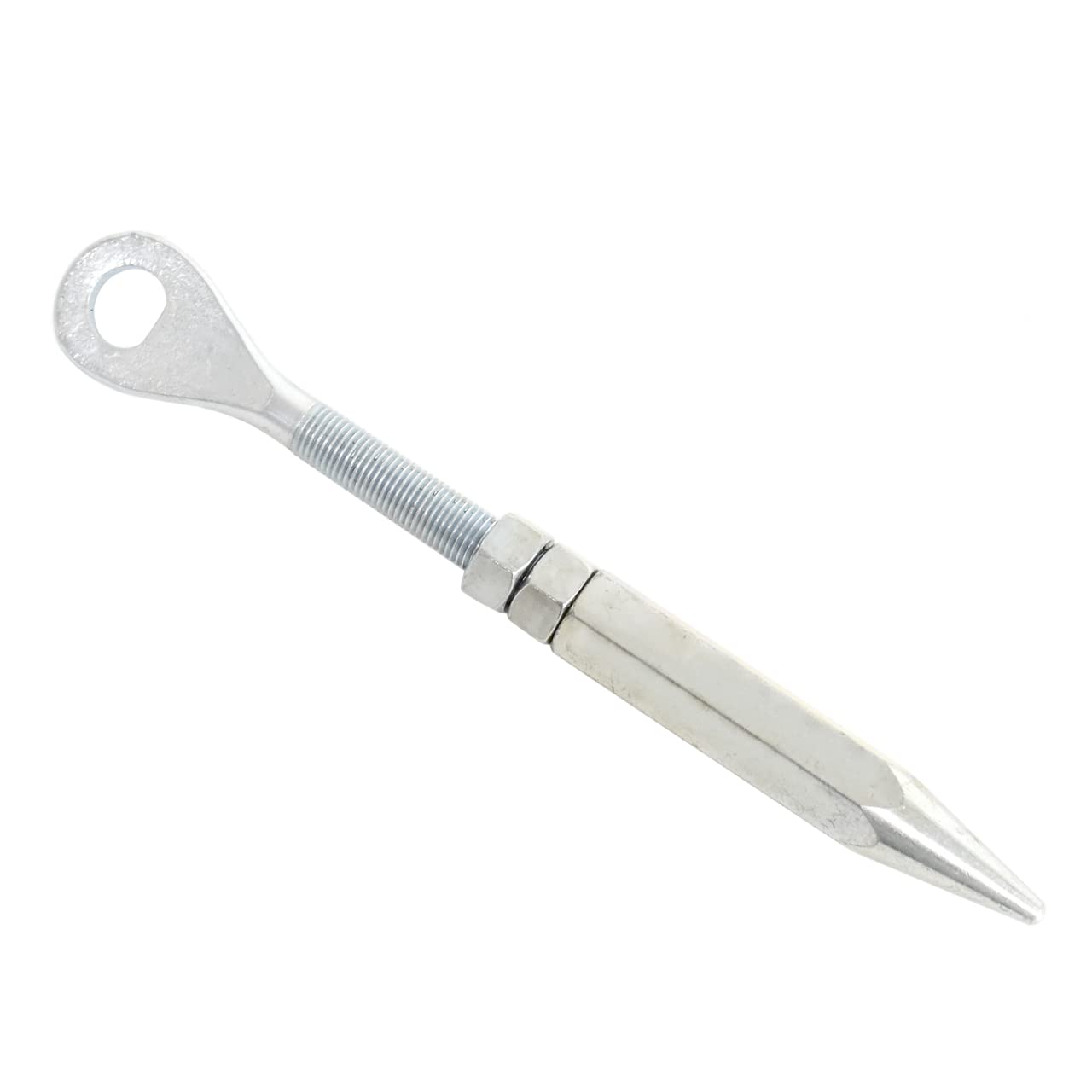 ACP FM-EC013 Clutch Push Rod, a silver metallic rod with an eyelet on one end and a pointed tip on the other, with threaded sections and nuts in the middle.