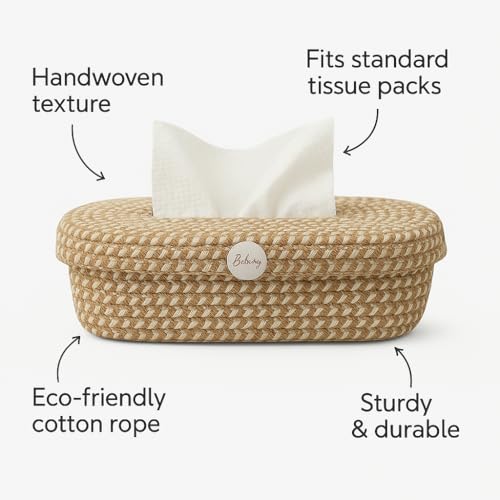 Image of BOBBINY Jute Cotton Tissue Box Holder, Handcrafted Tissue Container for 100 Pulls Natural Tissue Holder for Office Living Bedroom Car Desk Dining Table Home Decor (Brown Mix) (Design 3)