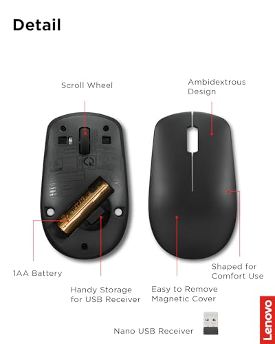 Image of Lenovo 530 Wireless Mouse - Full Size Computer Mouse for PC, Laptop, Windows Computer - 2.4 GHz Nano USB Receiver - Ambidextrous Design - 12 Months Battery Life - Cordless