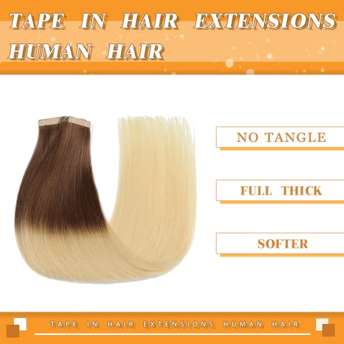Image of YDDM 24 Inch Tape in Hair Extensions, 20pcs Straight Chestnut Brown to Bleach Blonde 100% Remy Human Hair Seamless Remy Tape in Hair Extensions Human Hair(T6 /613#, 24 Inch)
