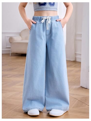 WDIRARA Girl's Elastic Waist Baggy Jeans Casual Wide Leg Denim Pants with Pockets2