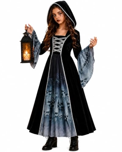 Xumplo Girls Halloween Costumes Kids Retro Gothic Hooded Skeleton Print Fancy Dress Teens Spooky Witch Cosplay Black 9-10 Years