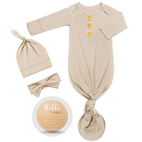 Image of Soft Baby Knot Gown 0-3 Months, Newborn Announcement Sleepers With Mitten Cuffs and Personalized Wooden Name Tag