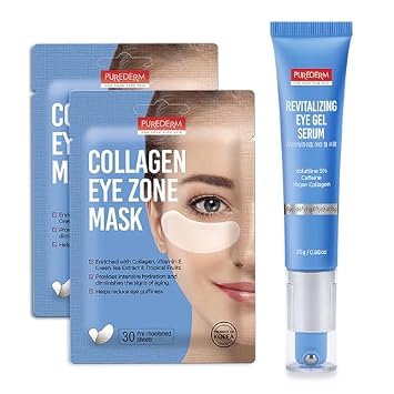 Purederm Deluxe Collagen Eye Mask Collagen Pads For Women 2 Pack Of 30 Sheets Revitalizing Eye Gel Serum Cooling Eye Roller with 5% Volufiline, Caffeine & Vegan Collagen