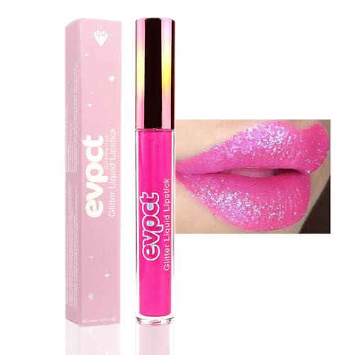 Image of evpct 1Pcs Hot Pink Glitter Metallic Shimmer Diamond Lipstick Lip Gloss for Women Long Lasting Waterproof, Light Bright Rose Pink Sparkle Glitter Matte Liquid Lipstick Lip Makeup Kit, 11#