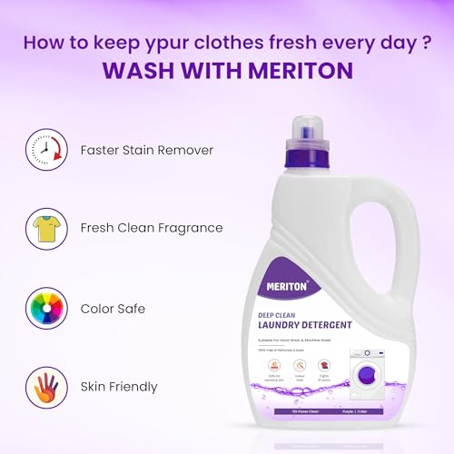 Image of Meriton Deep Clean Liquid Laundry Detergent 3L (Pack of 2) | Perfume & Dye-Free Formula | Tough on 15 Types of Stains | Gentle on Sensitive Skin | Suitable for Hand & Machine Wash