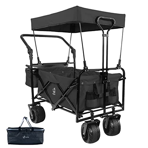 Collapsible Wagon Heavy Duty Folding Wagon Cart with Removable Canopy, 4' Wide Large All Terrain Wheels, Brake, Adjustable Handles,Cooler Bag Utility Carts for Outdoor Garden Beach