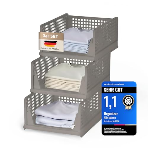 Ally Maison® Schrank Organizer 3er Set (Faltbar & Stapelbar) – Kleiderschrank Organizer Boxen, platzsparende Aufbewahrungsbox aus Kunststoff – für Schrank, Bad, Küche & Büro geeignet – Beige