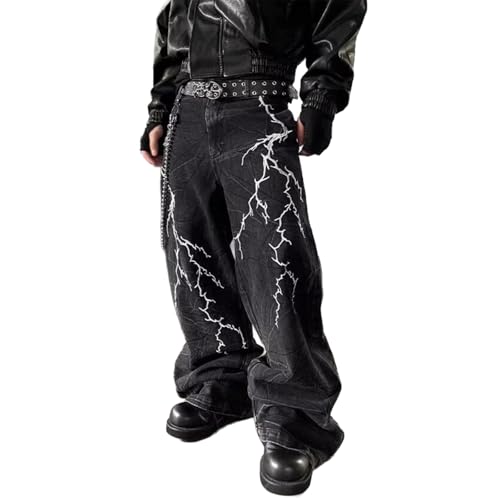 Baggy Jeans Men Graphic Lightning Bolt Y2k Denim Pants Emo Wide Leg Streetwear for Skater Jeans with Metal Chain