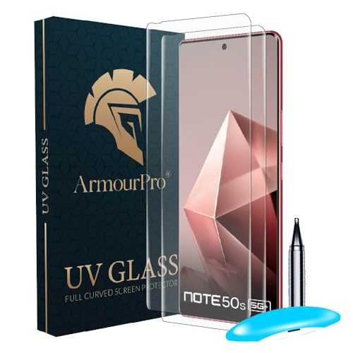 Image of ArmourPro UV Glue Tempered Glass for Infinix Note 50s, Pack of 2, Curved Screen Protector, 9H Anti Scratch, Edge to Edge Coverage, HD Clarity, Easy UV Installation Kit