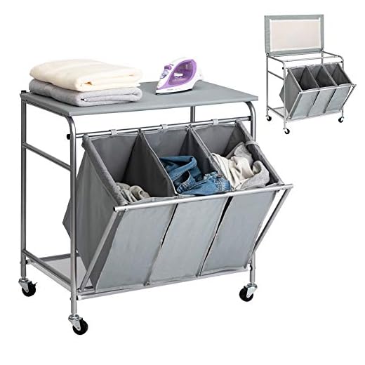 HollyHOME Laundry Sorter Cart Ironing Board with Side Pull 3-Bag Heavy-Duty Laundry Hamper 4 Wheels Grey