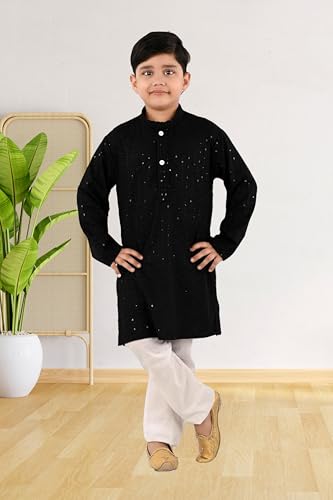 Image of Traditiona Kurta with White Pajama Set, Kids Ethnic Wear, Cotton Blend
