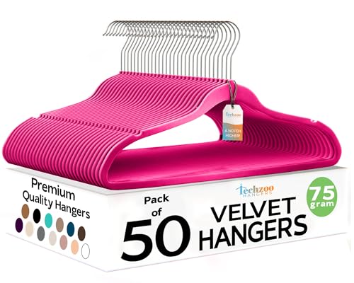 Image of Techzoo Premium Velvet Hangers 50 Pack Ultra Thin Non Slip Adult Felt Space Saving Suit Hanger for Closet Heavy Duty Coat Pants Jackets Dress Hangers 360 Swivel Hook Hold Upto 10 lbs Dark Pink