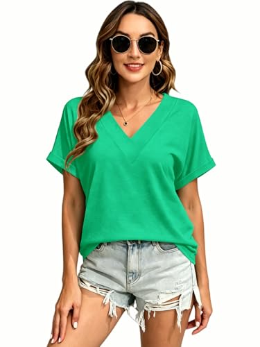 Image of T Shirts Short Sleeve V Neck Tees Womens Tops Beach Vacation Fashion Clothes 2026 Casual Summer Spring Fall Outfits