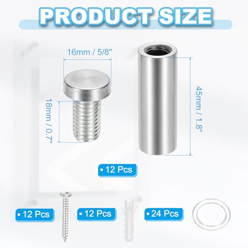 Image of PATIKIL 5 /8 inch x 2 inch Standoff Screws, 12 Pack Stainless Steel Wall Mount Sign Standoffs Mounting Hardware Advertising Nail for Hanging Acrylic Picture Frame, Silver