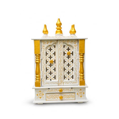 Image of Handmade Wooden Temple Mandir in White & Gold, Hand-Painted with Carved Panels; Perfect Decorative Pooja Shrine for Home or Office, 30x15x40 cm