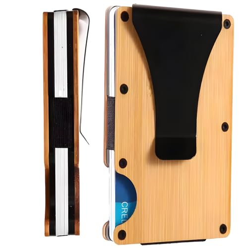 AtEaze Cartera de madera minimalista para hombre | Slim Wallet Tarjetero de madera auténtica con pinza para dinero | Protección RFID Tarjetero | Diseño elegante y delgado, bambú, 86x54mm, Minimalista