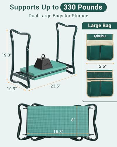 Image of Ohuhu Garden Kneeler and Seat Heavy Duty, Upgraded Gardening Stool with Thicker Wider EVA Foam Kneeling Pad Foldable Garden Bench with 2 Large Tools Pouches, Gardening Gifts for Women Mom Men Seniors