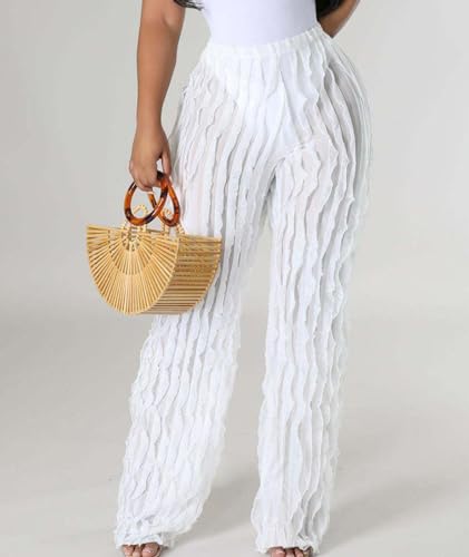 Sexyshine Women's Flowy Ruffle Pants Elastic High Waist Wide Straight Leg Trousers Ruched Sheer See Through Cover Up Pants4