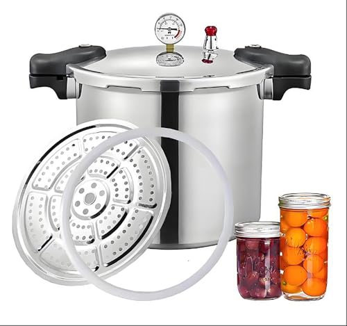 25quart pressure canner cooker and cooker with cooking rack canning pressure cooker with gauge Explosion proof safety valve Extra-large size great for big canning jobs,Induction cooker can sense
