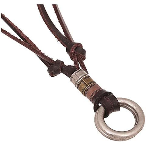 AZYOUNG Adjustable Brown Leather Chain Double Rings Pendants Necklace,17-33''+2.16'' (Dark Brown), Adjustable, Leather Cover