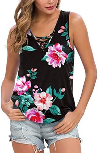 Feiersi Women's Sleeveless Criss Cross Print Casual Tank Tops Basic Blouse(Floral Black,Large)