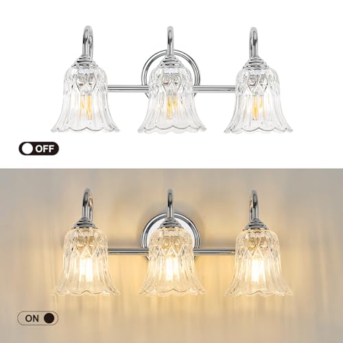 Image of Bathroom Light Fixtures Over Mirror, 3 Lights Vanity Lights with Flower Glass Shade, 18.9 inch Chrome Vintage Bathroom Light Fixtures for Bedroom, Porch, Hotel, Mirror Cabinet