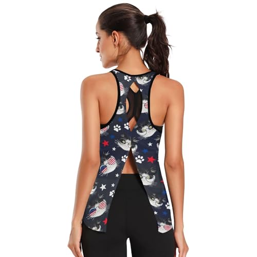 Tops de treino Paw Cat 4 de julho Dia da Independência Mulheres Costas Abertas Tie Back Muscle Tank