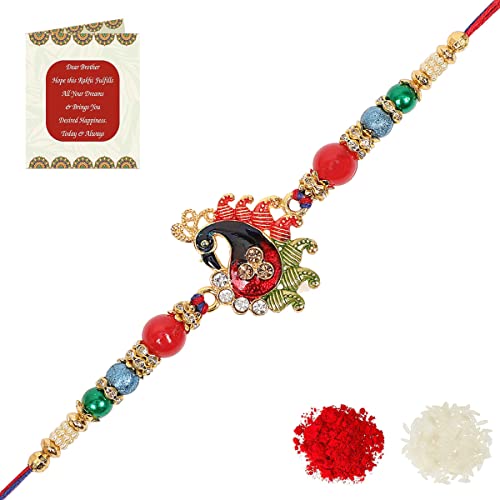 Image of Riddhika Ventures Glorious Gold Plated Meenakari Peacock Rakhi with Roli Chawal and Greeting Card